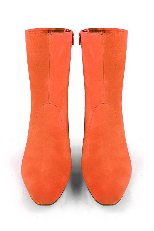 Clementine orange women's ankle boots with a zip on the inside. Square toe. Medium block heels. Top view - Florence KOOIJMAN